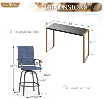 Sophia & William Outdoor Bar Set, Patio Bar Table and Chairs Set, Bar Height Patio Set - 2 x Swivel