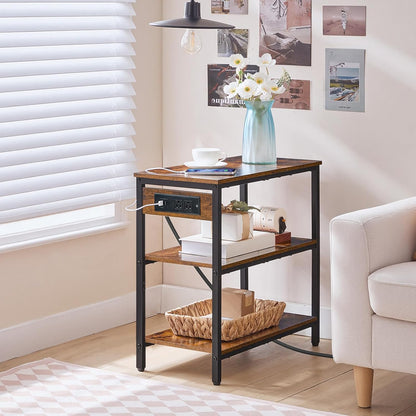 HOOBRO End Table with Charging Station, Simple Rustic Side Table with 3-Tier Storage Shelf, Narrow