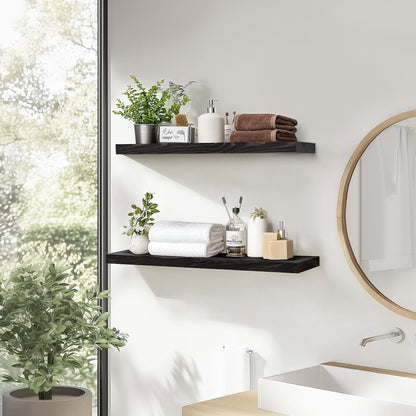 24"x6.8"x1.2" Solid Wood Floating Shelves 2-Pack - Rustic Black Finish with Hidden Brackets