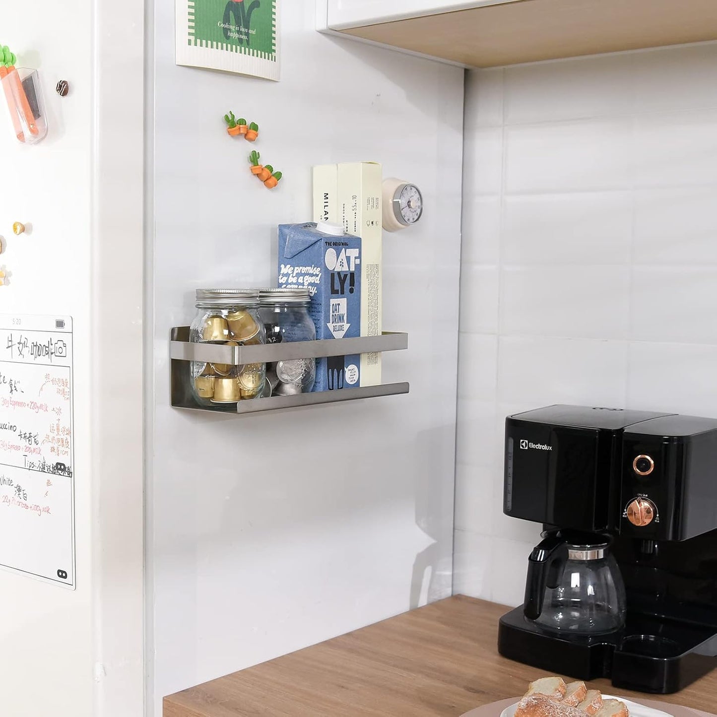 Magnetic Spice Rack for Refrigerator Spice Organizer, Strong Magnetic Shelf with 2 Removable Hooks