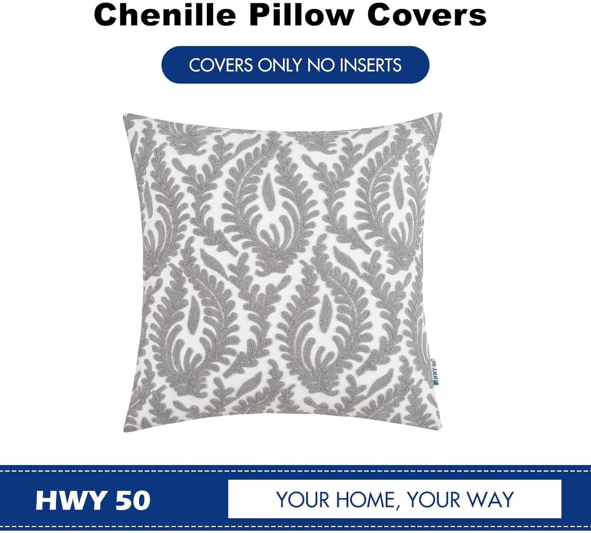 HWY 50 Grey Gray Decorative Throw Pillow Covers 18x18 Inch (1 Piece), Embroidered Cotton Farmhouse