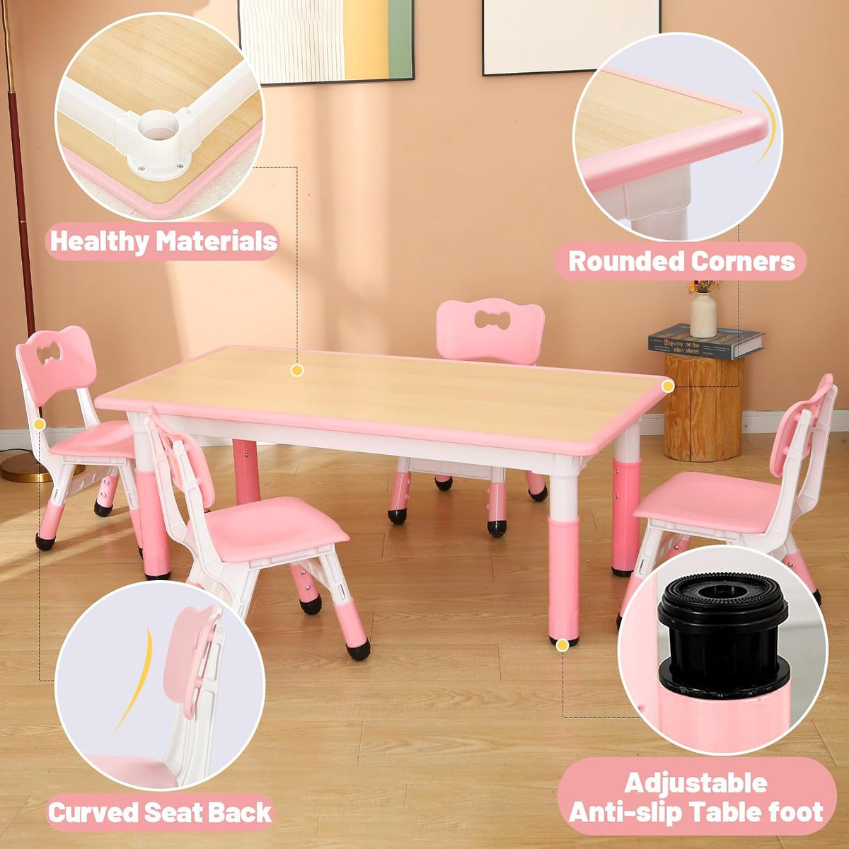 FUNLIO Kids Table and 4 Chairs Set for Ages 3-8, Height Adjustable Toddler Table and Chair Set