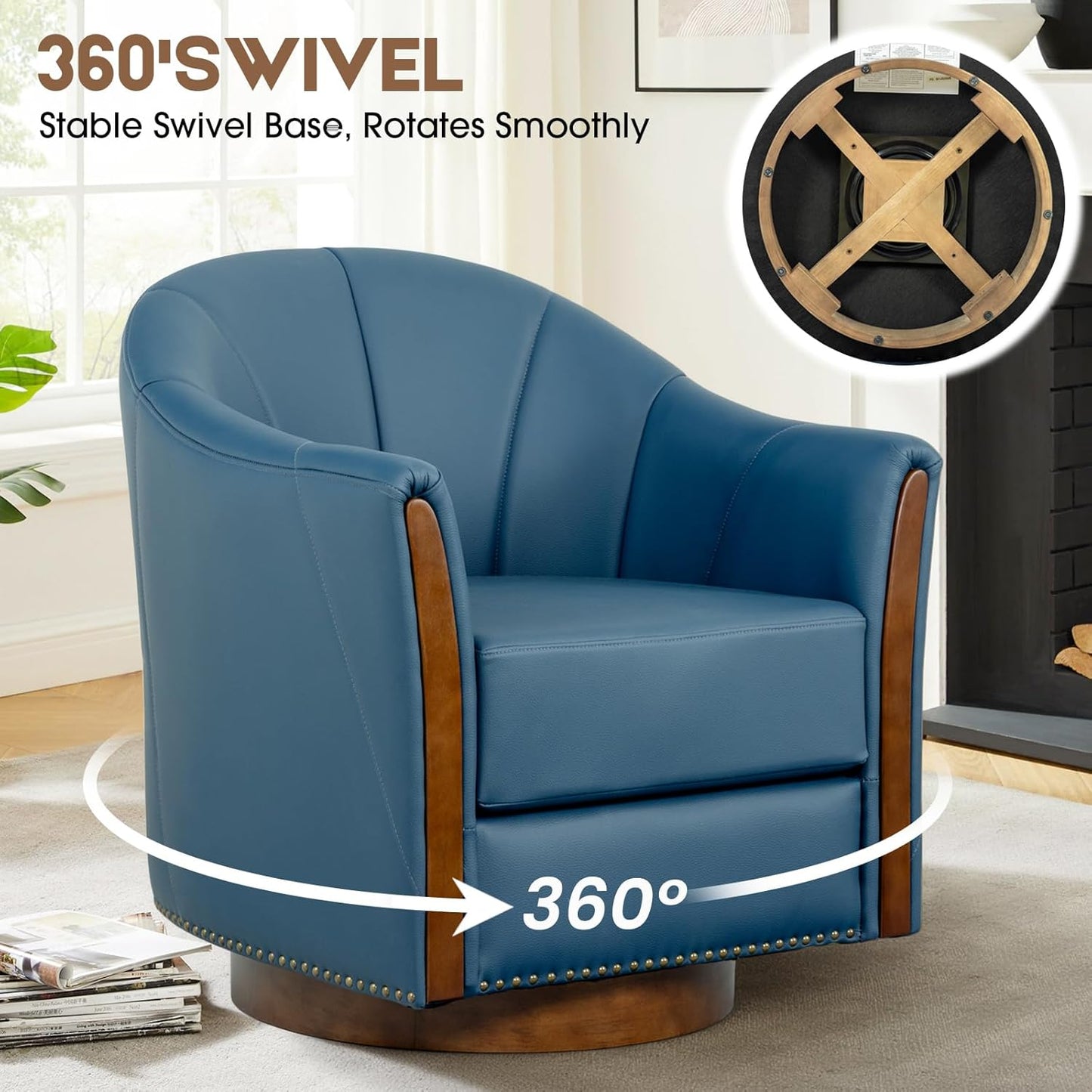 360° Swivel Accent Chair, Modern Leather Barrel Club Chair with Leather Upholstery and Sturdy Wood
