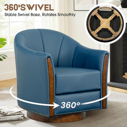 360° Swivel Accent Chair, Modern Leather Barrel Club Chair with Leather Upholstery and Sturdy Wood