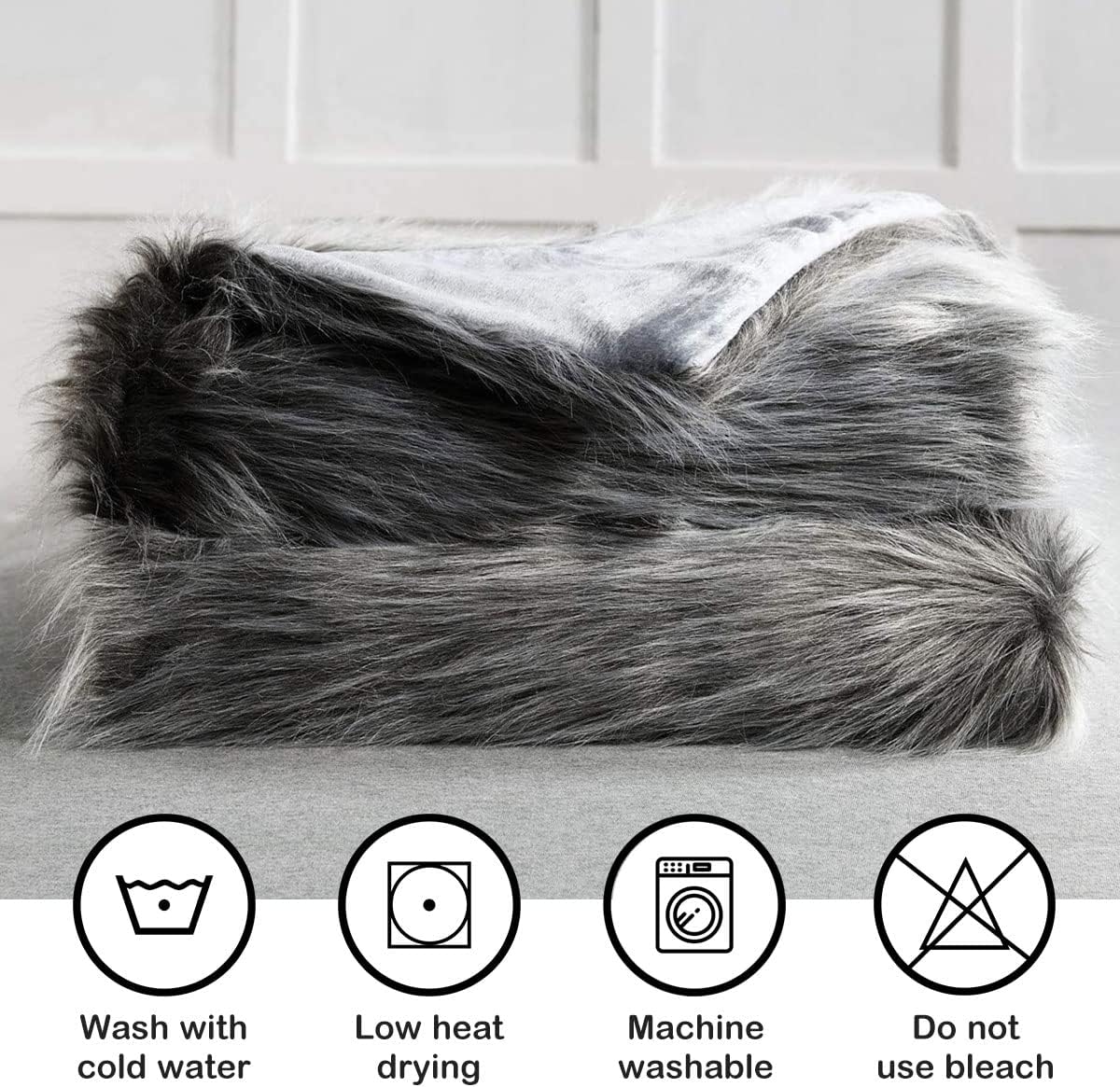 Luxury Faux Fur Blanket King Size, Ultra Big Grey and Black High Pile Mixed Faux Fur Throw Blanket