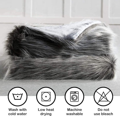 Luxury Faux Fur Blanket Queen Size, Ultra Big Grey and Black High Pile Mixed Faux Fur Throw