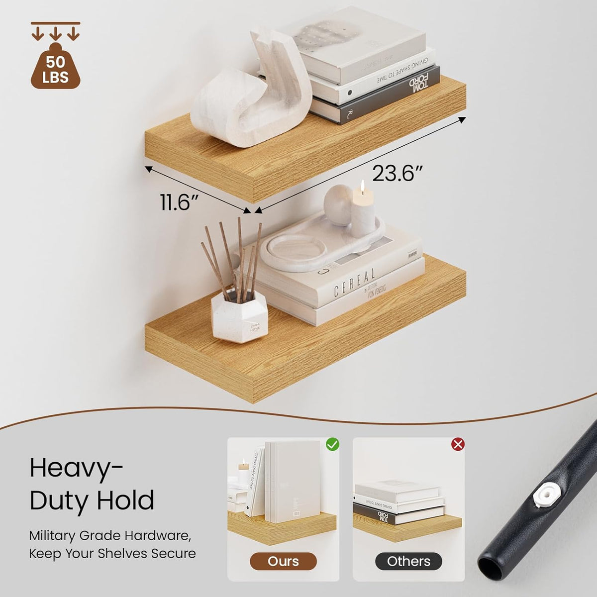Heimlove 12" Deep Floating Shelves for Wall, 24 Inch Wall Shelf Bathroom Shelves Set of 2, Wall