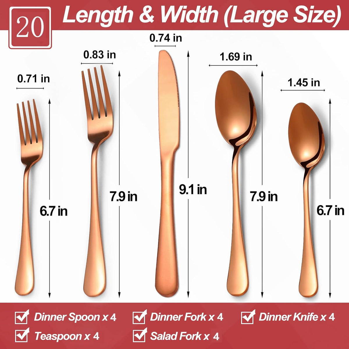 20 Pcs Rose Gold Silverware Set for 4, Food Grade Stainless Steel Flatware Set, Eating Utensils