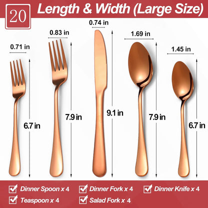 20 Pcs Rose Gold Silverware Set for 4, Food Grade Stainless Steel Flatware Set, Eating Utensils