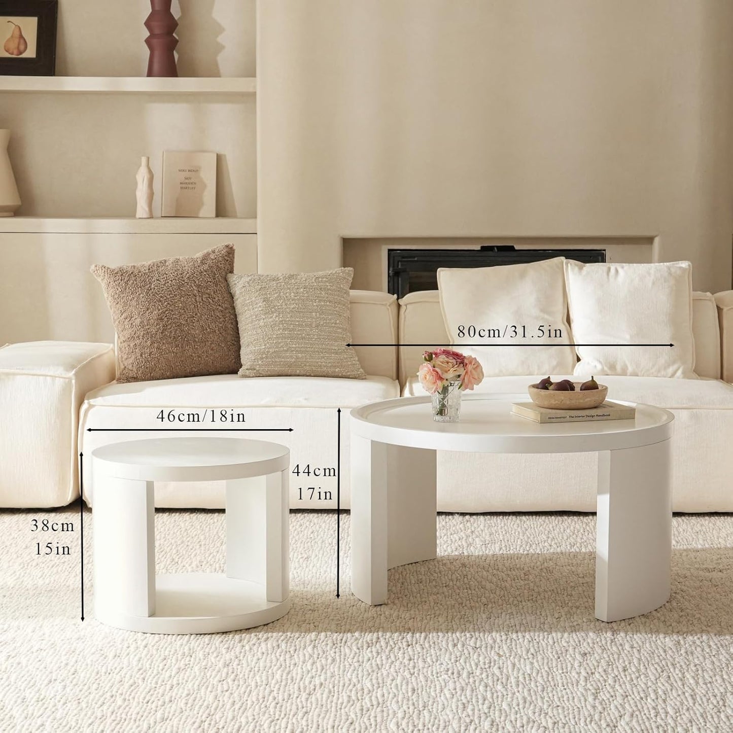 Round Nesting Coffee Table Set of 2,31.5" Large & 18" Small Low Tables with Wood Look