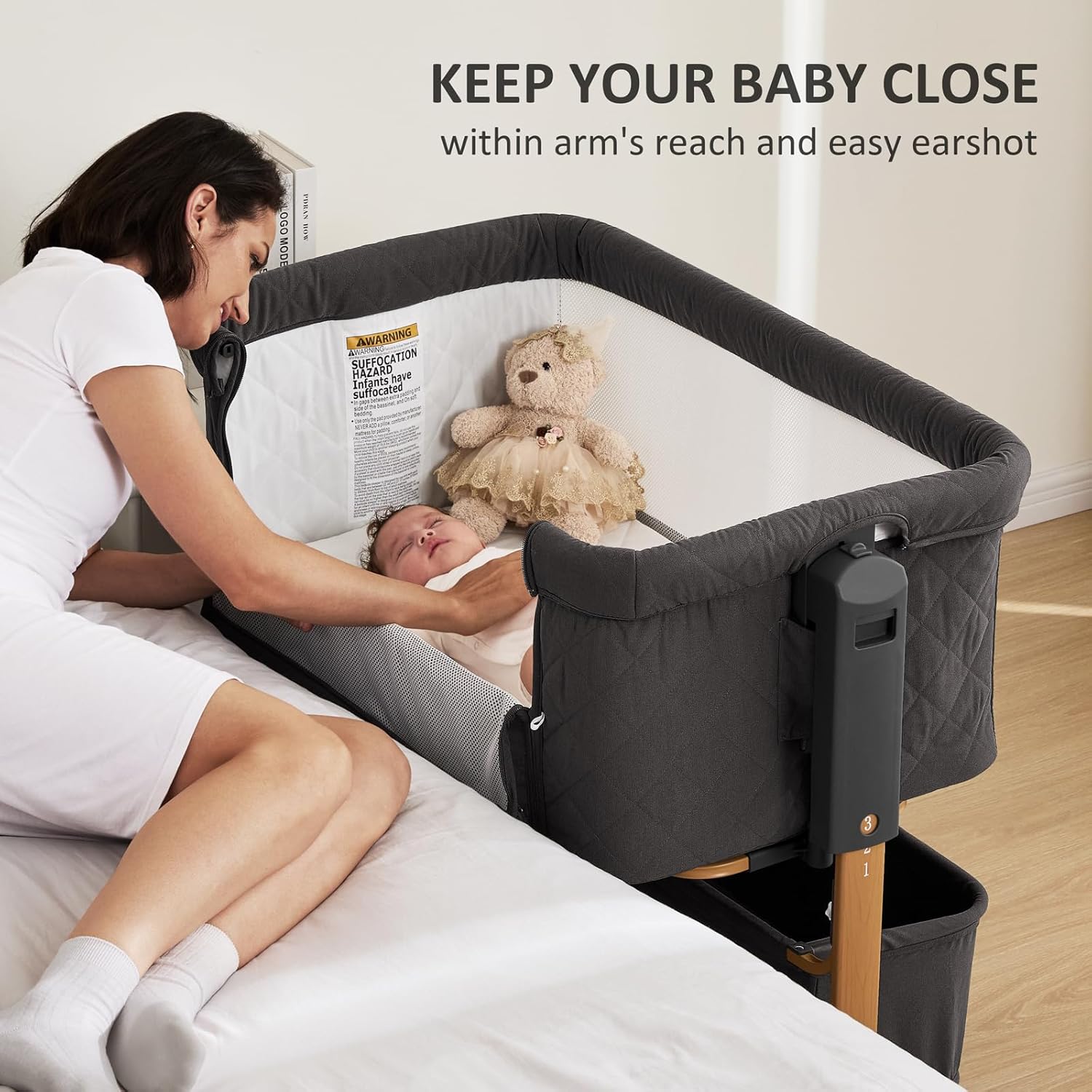 3 in 1 Baby Bassinet, Rocking Bassinet, Bedside Bassinet, 6-Height Adjustable, Bassinet Bedside