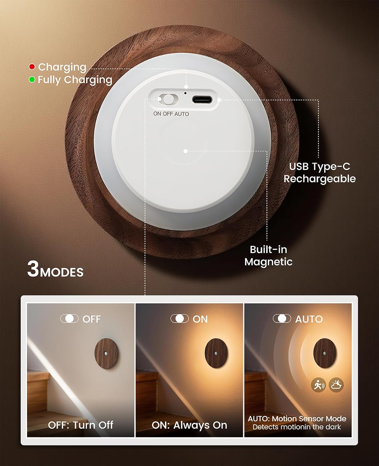 Motion Sensor Night Light Wood Rechargeable Battery-Powered Stick-On Step Lights Magnetic Closet