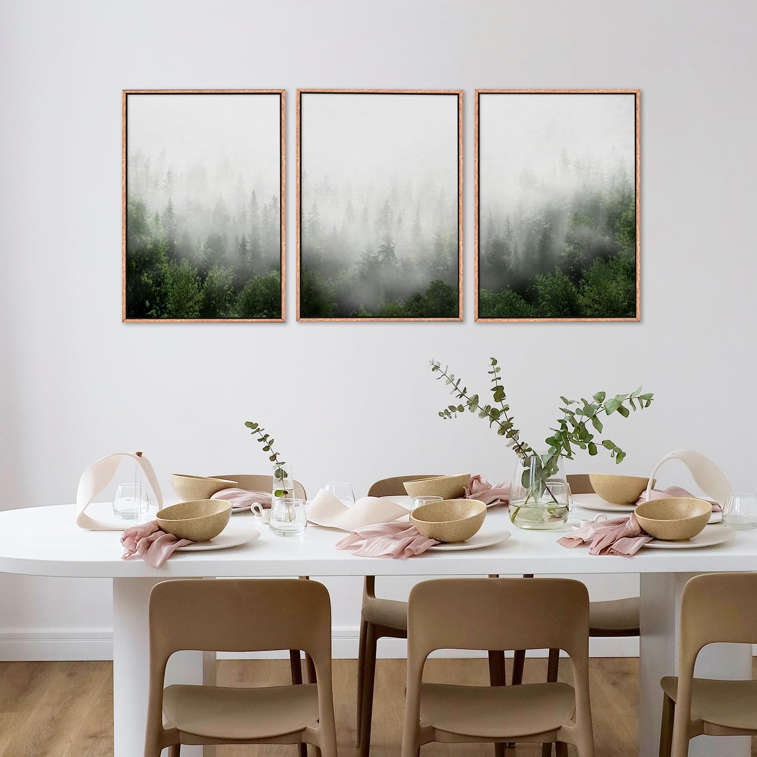 HPINUB Misty Green Forest Framed Canvas Wall Art Set, Nature Scenery Modern Wall Decor, Foggy
