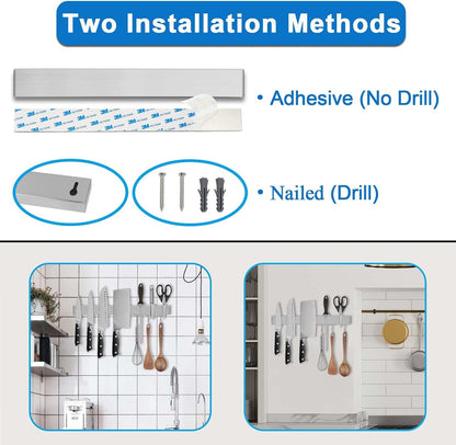 17.5" Magnetic Knife Holder for Wall with Hooks - No Drill Adhesive Mount - 304 Stainless Steel