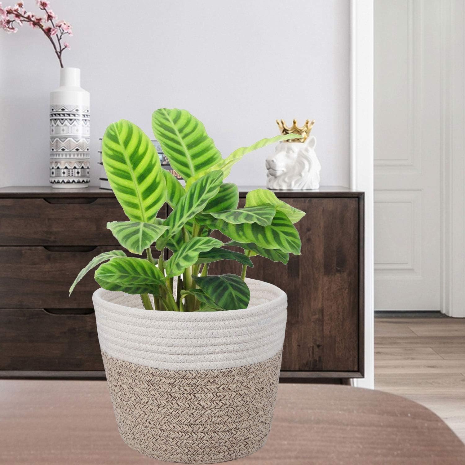 Cotton Rope Plant Basket Modern Woven Basket for 6" Flower Pot Floor Indoor Planters,Rustic Home