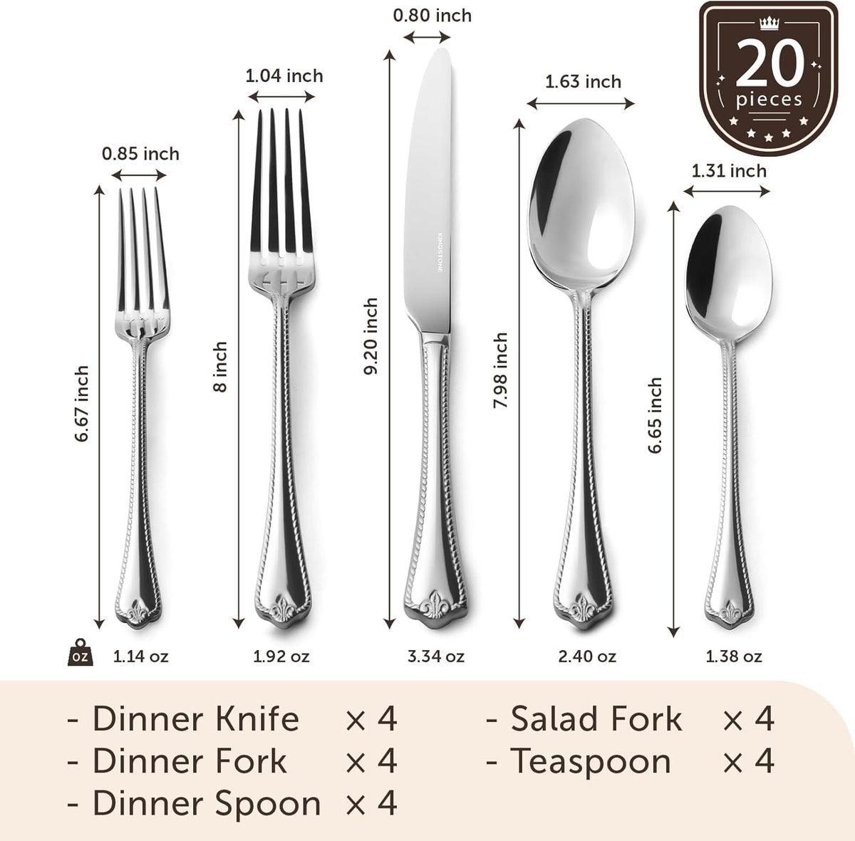 KINGSTONE Silverware Set, 20-piece 18/10 Stainless Steel Flatware Set Cutlery Set for 4, for