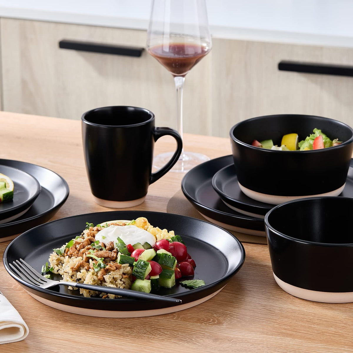 Stone Lain Jules Modern Stoneware 32-Piece Round Black Dinnerware Set, Plates and Bowls Sets, Dish