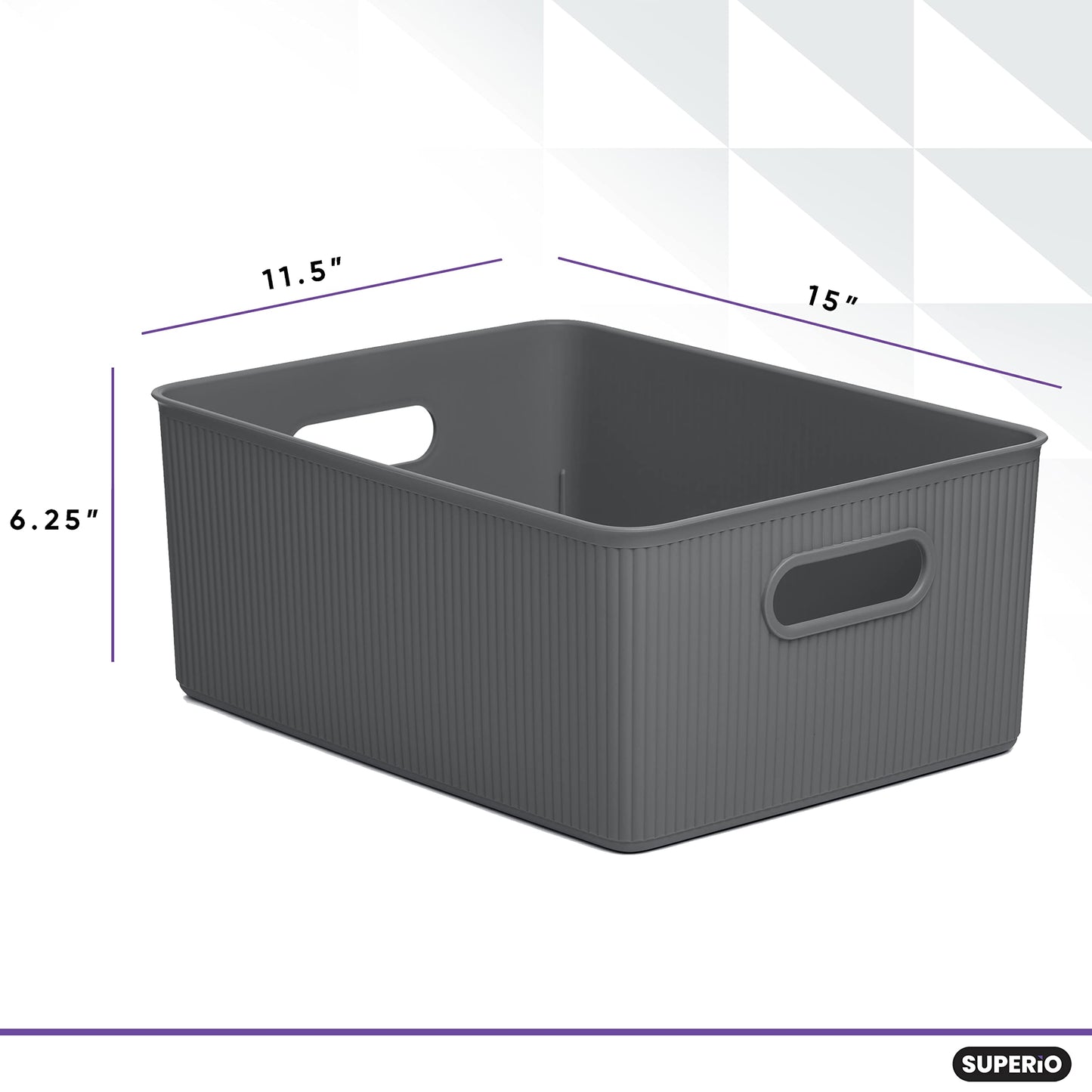 Superio Ribbed Collection - Decorative Plastic Basket Open Home Storage Bins Organizer, Large Grey