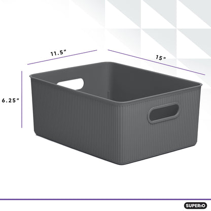 Superio Ribbed Collection - Decorative Plastic Basket Open Home Storage Bins Organizer, Large Grey