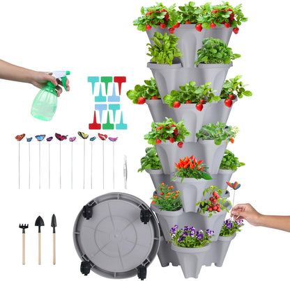 DUNCHATY Stackable Planter, Vertical Strawberry Planter with Garen Tool Set, Self Watering Garden