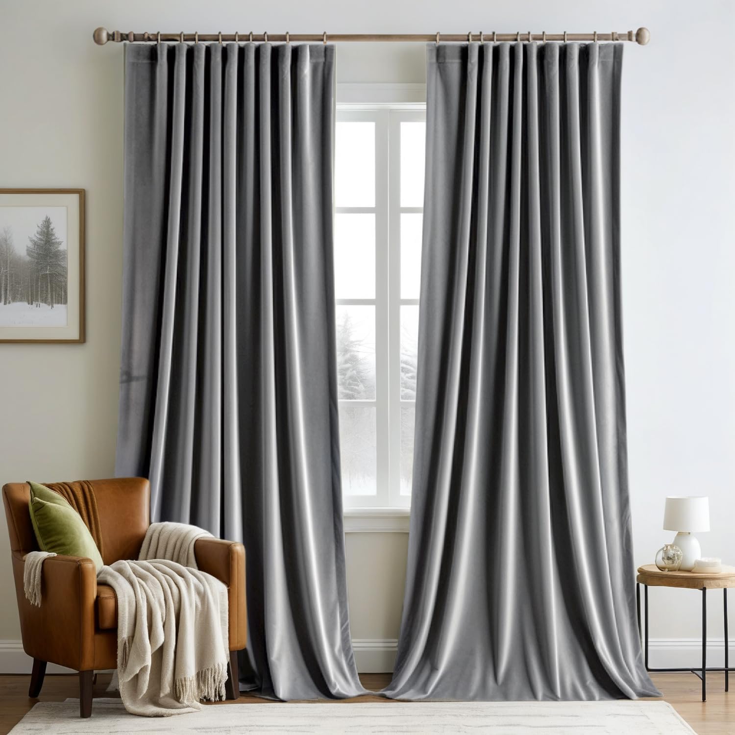 MIULEE Grey Velvet Curtains 84 inches Long 2 Panels - Luxury Pinch Pleated Room Darkening Window