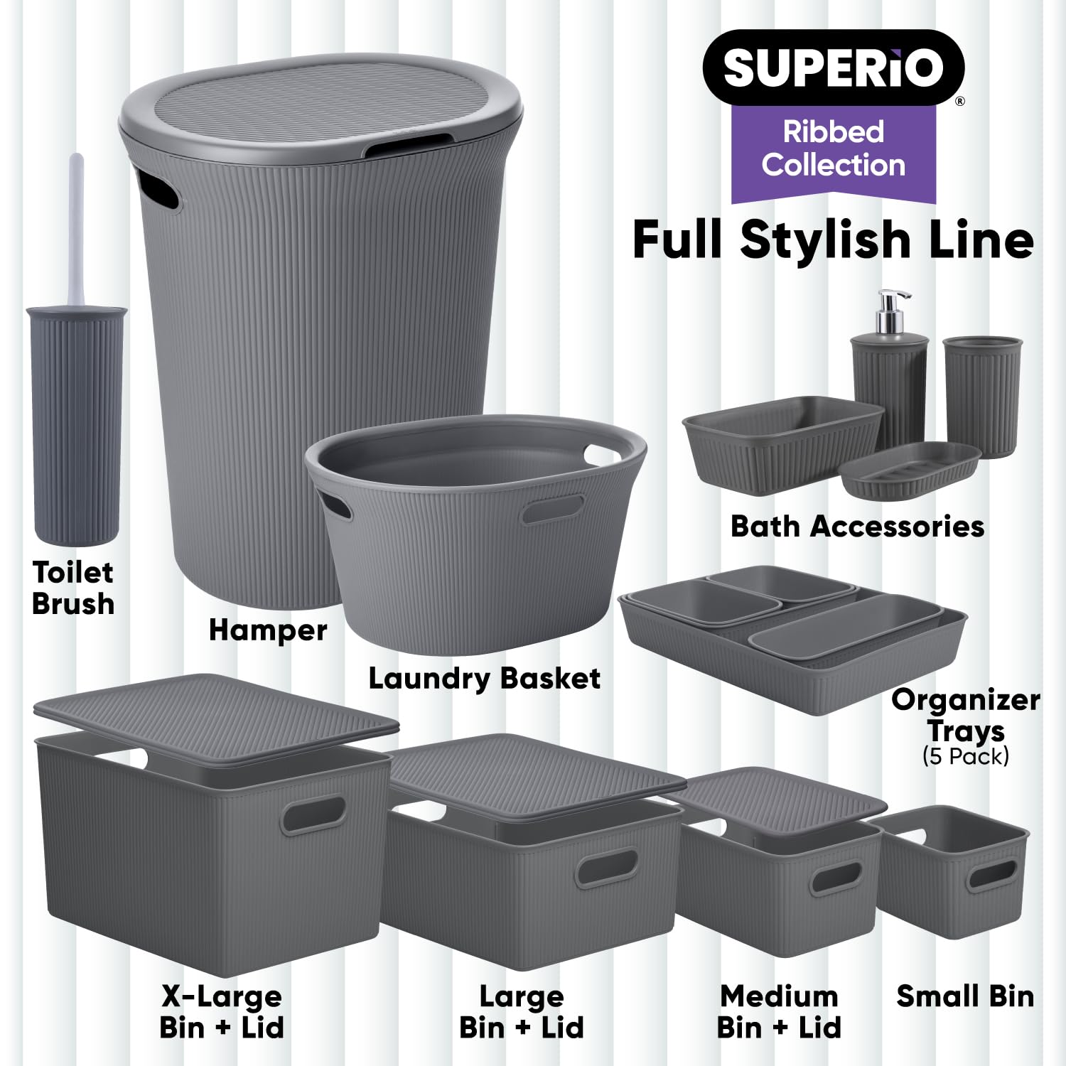 Superio Decorative Plastic Basket Open Home Storage Bins Organizer Baskets, Small, Grey (8 Pack)