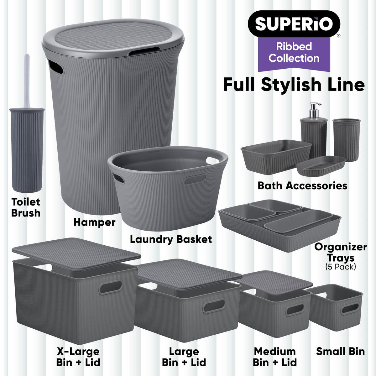 Superio Ribbed Collection - Decorative Plastic Basket Open Home Storage Bins Organizer, Medium Grey
