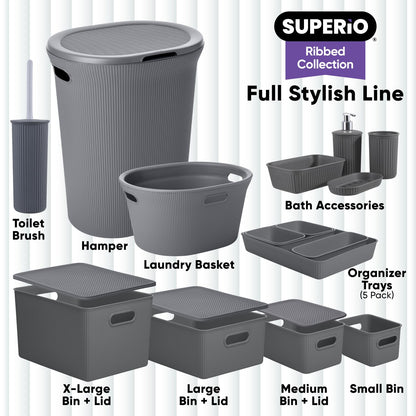 Superio Ribbed Collection - Decorative Plastic Basket Open Home Storage Bins Organizer, Medium Grey