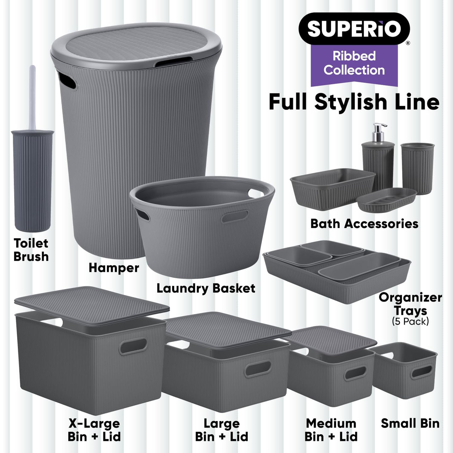 Superio Ribbed Collection - Decorative Plastic Basket Open Home Storage Bins Organizer, Large Grey
