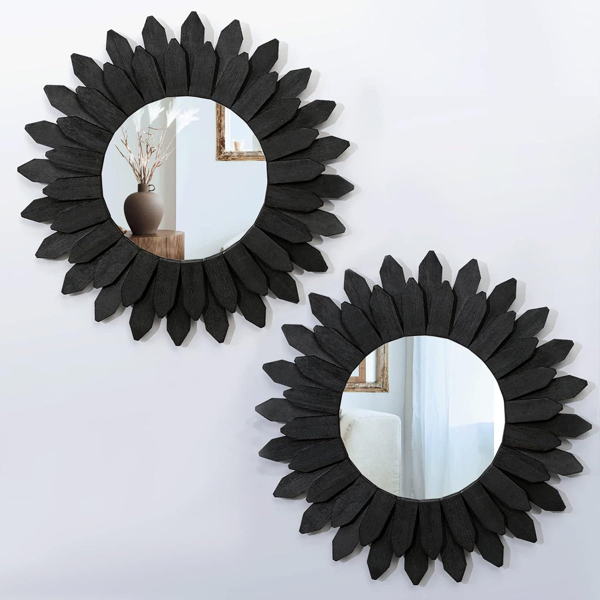 Honiway Boho Wall Decor Mirrors for Wall 2 Pack 12 inch Wood Decorative Mirror for Room Decor