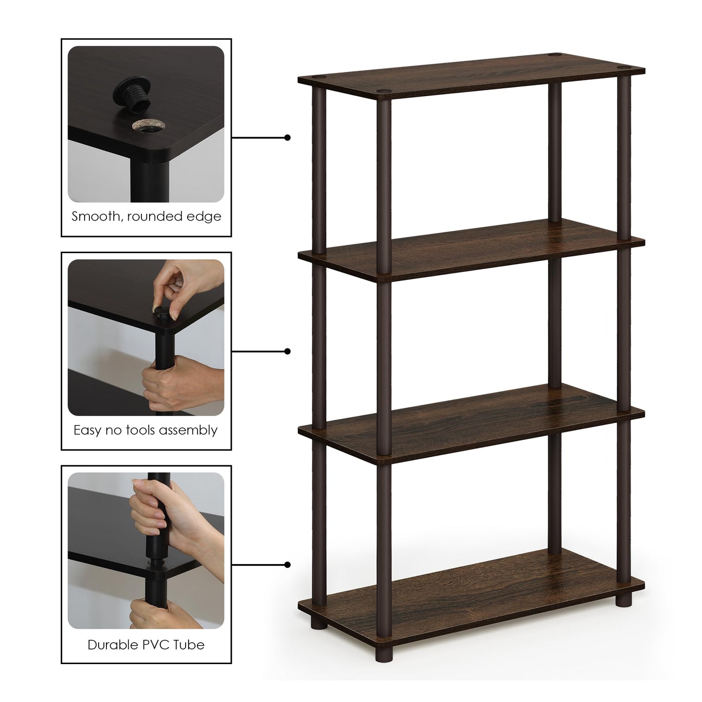 Furinno Turn-N-Tube Storage Shelves, 4-Tier Book Shelf, Corner Shelf, Toolless Open Shelves, for