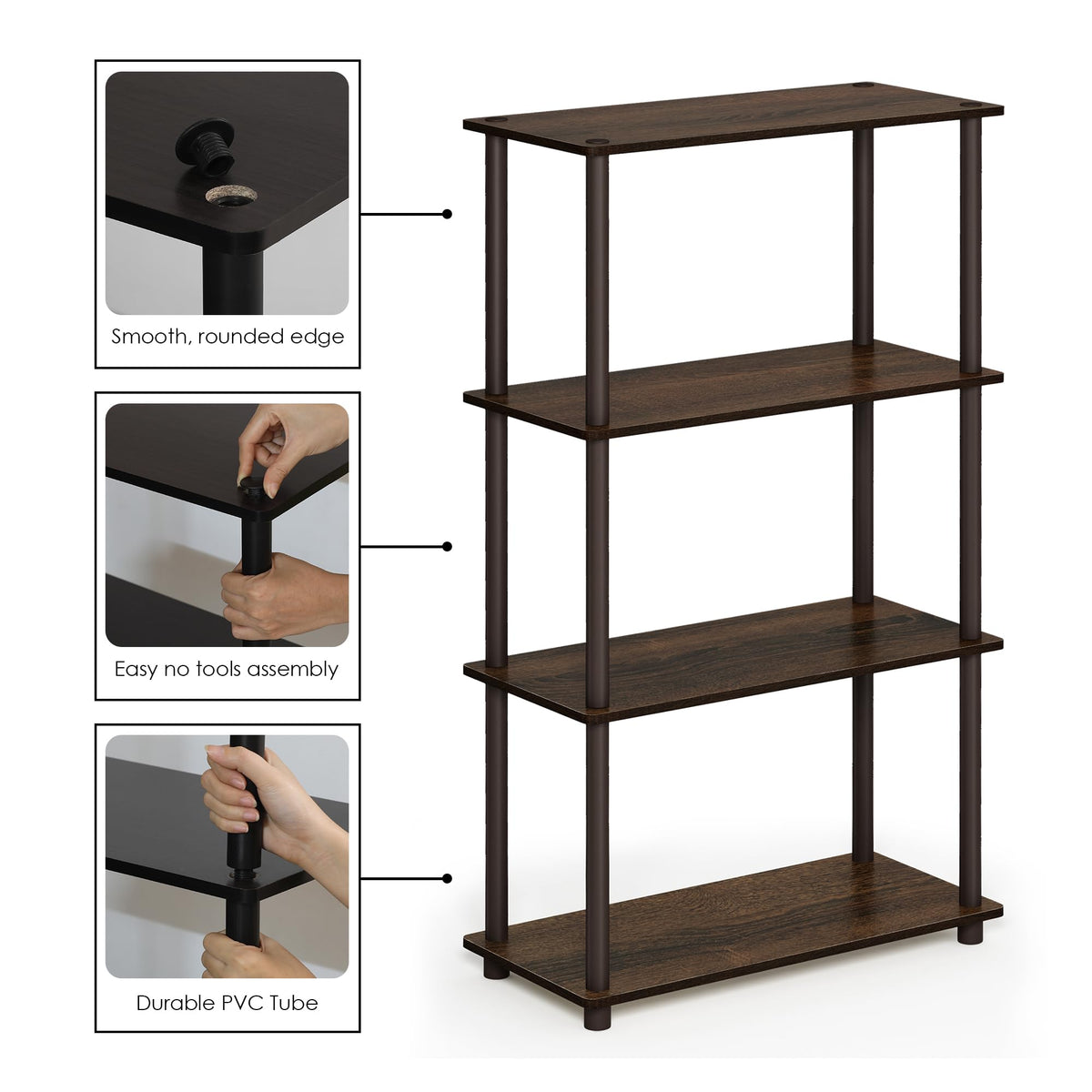 Furinno Turn-N-Tube Storage Shelves, 4-Tier Book Shelf, Corner Shelf, Toolless Open Shelves, for