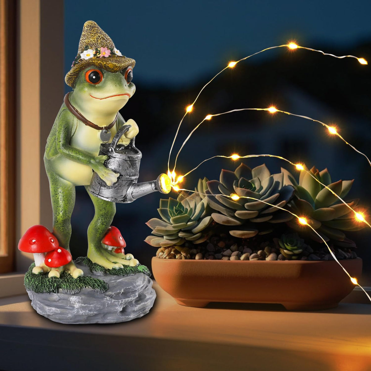 Solar Frog Statue for Garden with Watering Can Light 8.8" Resin Frog Figurine Outdoor Patio Porch