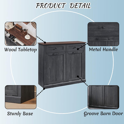 Double Tilt Out Laundry Hamper Cabinet, 20 Gallon Farmhouse Trash Can Cabinet with Drawer, Hidden