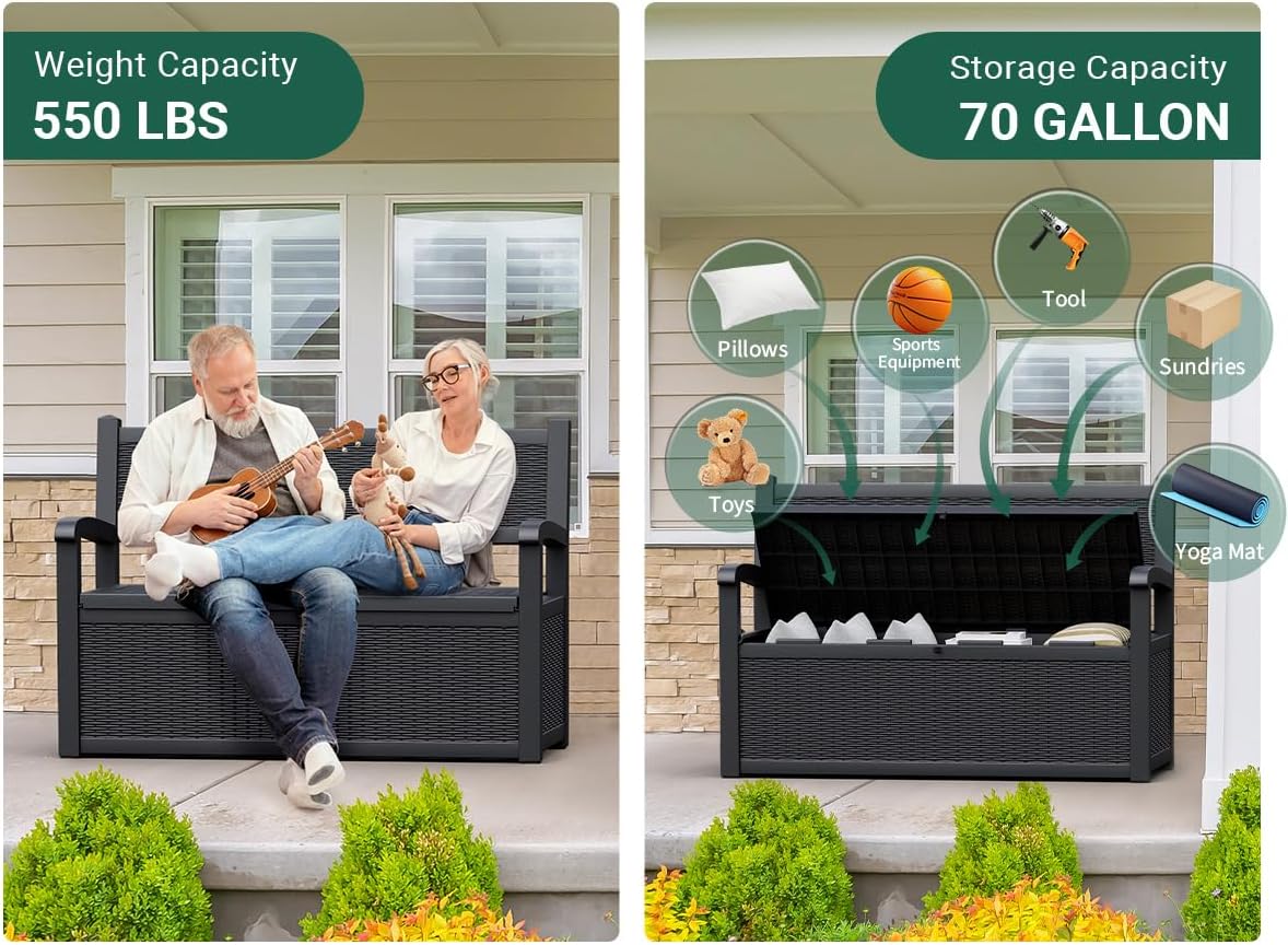 70 Gallon Outdoor Storage Box, Resin Patio Furniture with Armrest, Lockable Deck Box with