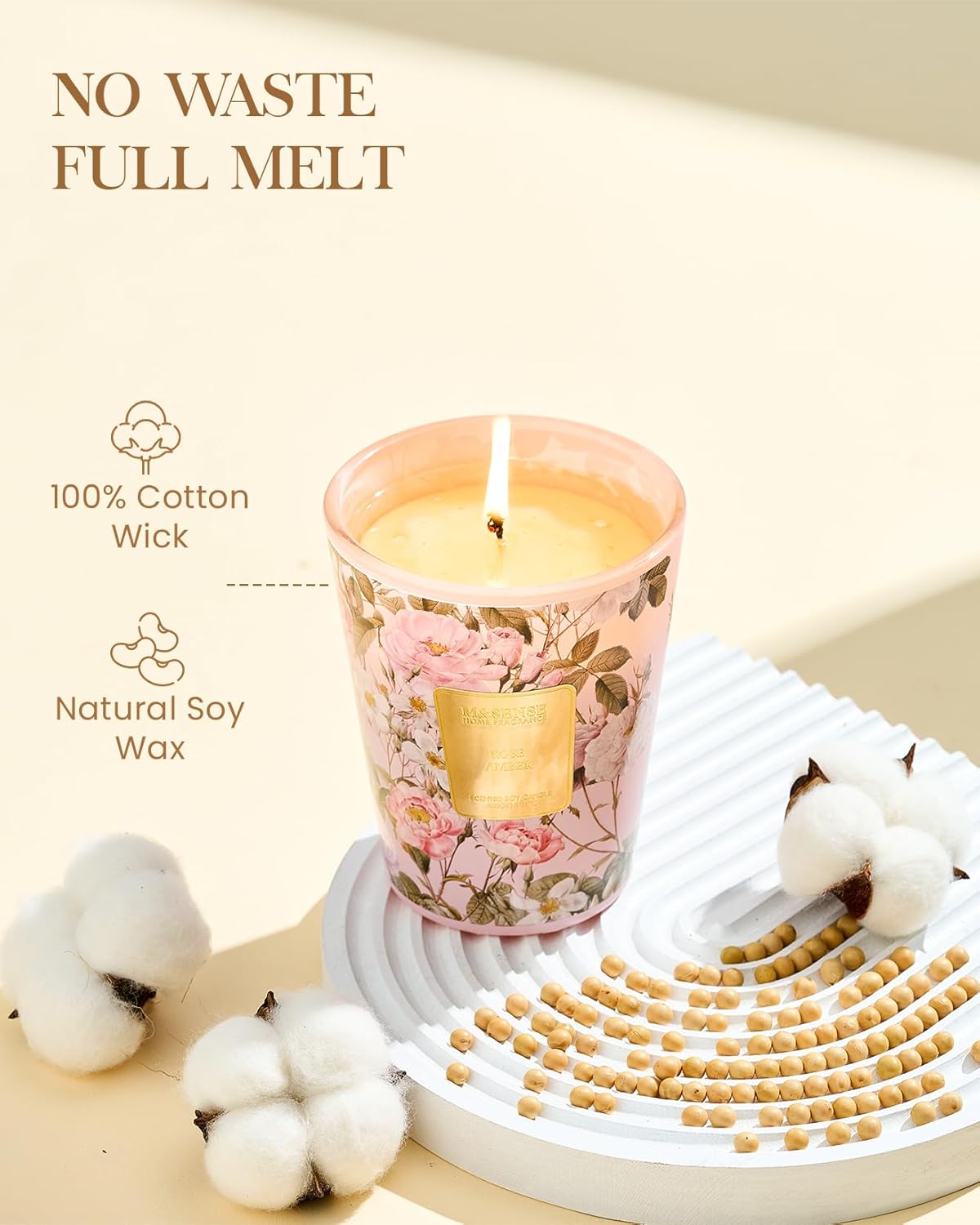 M&SENSE Rose Amber Scented Natural Soy Wax Candle, 14.1oz 60 Hours Long Lasting Slow Burning