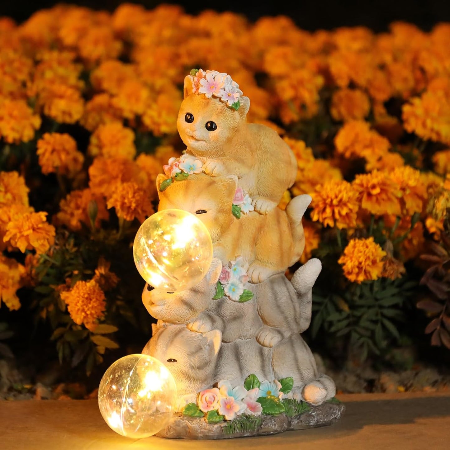 Solar Cat Garden Statue Resin Cat Statue Decor Outdoor with LED Lights for Outside Yard Art Lawn