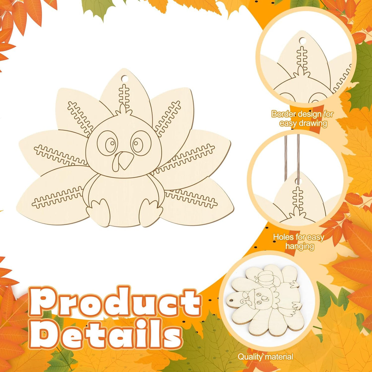 24 PCS Unfinished Wooden Thanksgiving Crafts, Turkey Shaped Hanging Ornaments DIY Wood Craft