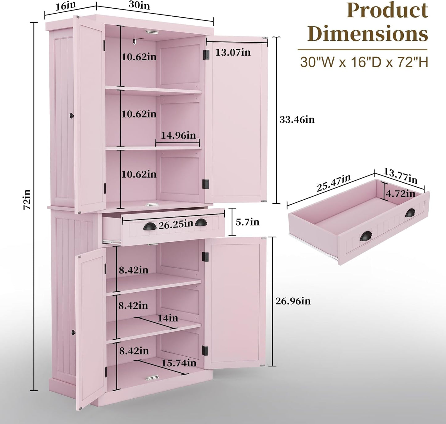 ARTPOWER 72" Tall Kitchen Pantry Storage Cabinet with Drawer and Adjustable Shelves, Pantry Cabinet