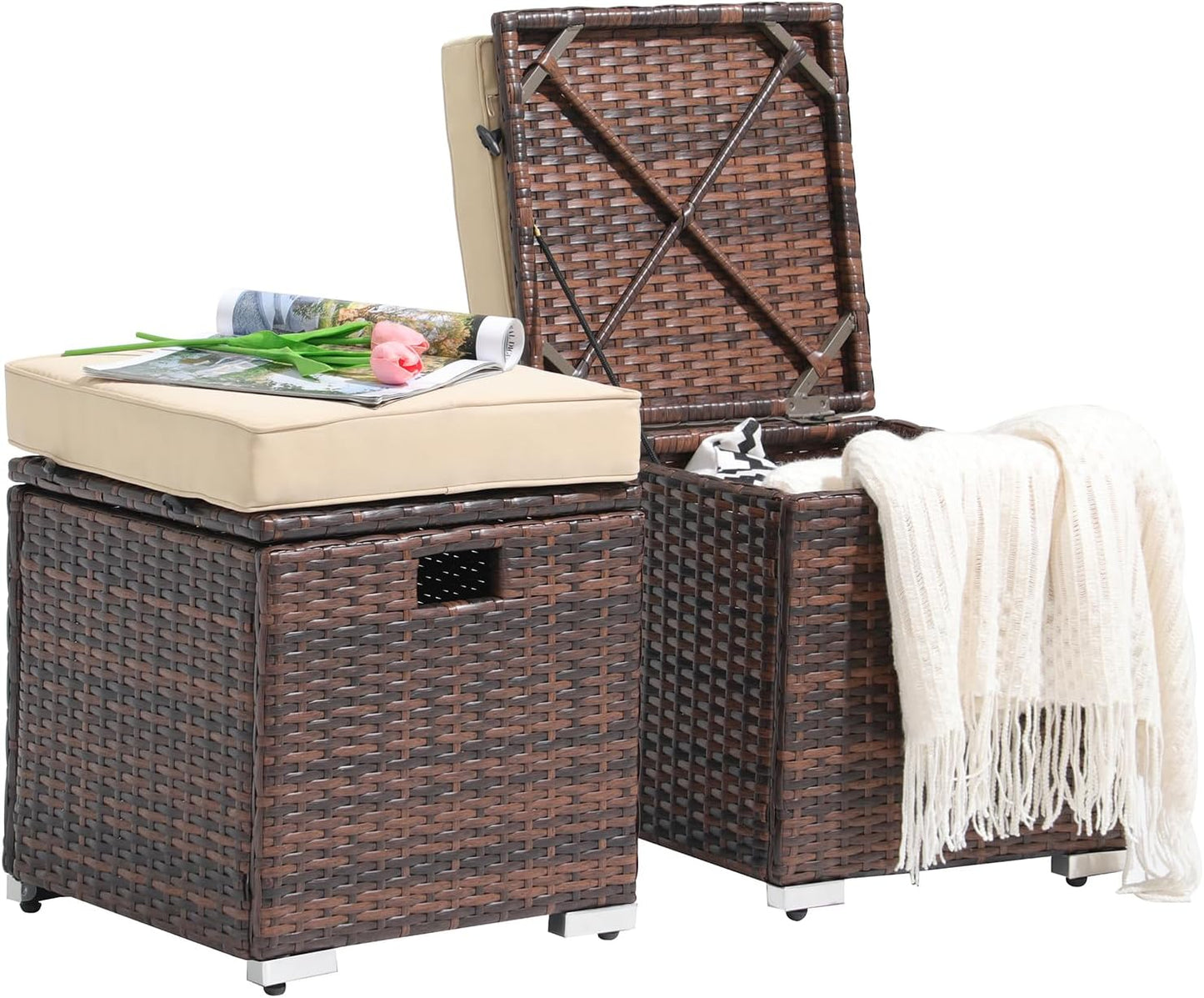 Patiorama 2 Piece Outdoor Patio Ottomans, All-Weather Brown PE Rattan Wicker Ottoman with Storage
