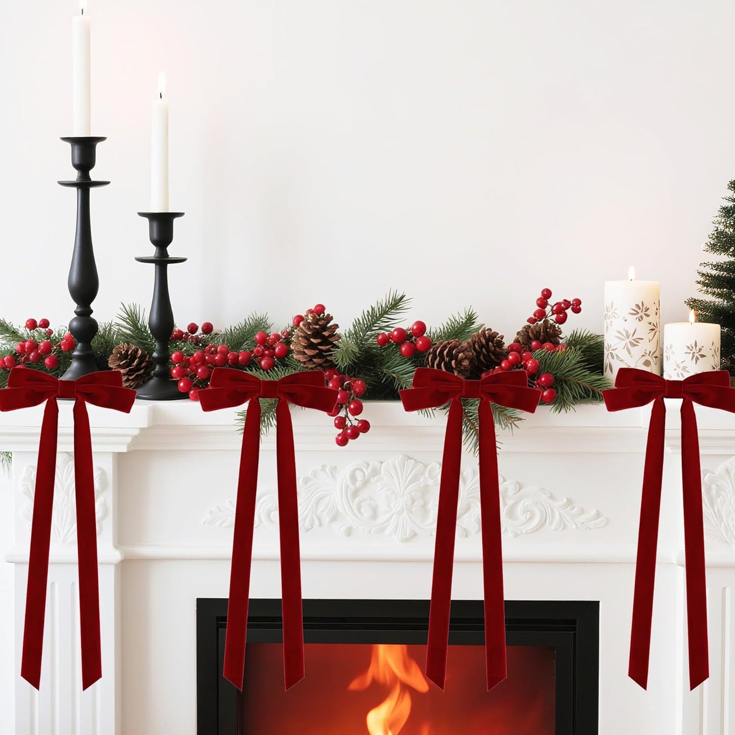 Senjie 10Pcs Large Velvet Christmas Tree Bows, 20in x 8in Premade Vintage Ribbon Tree Topper Bows