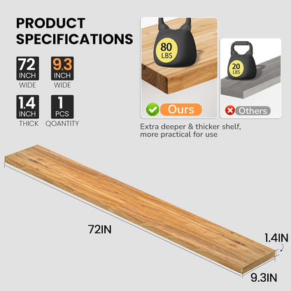 Fun Memories Floating Shelves for Wall, 72"x9.3" Rustic Solid Elm Wood Shelves, Heavy-Duty Wall