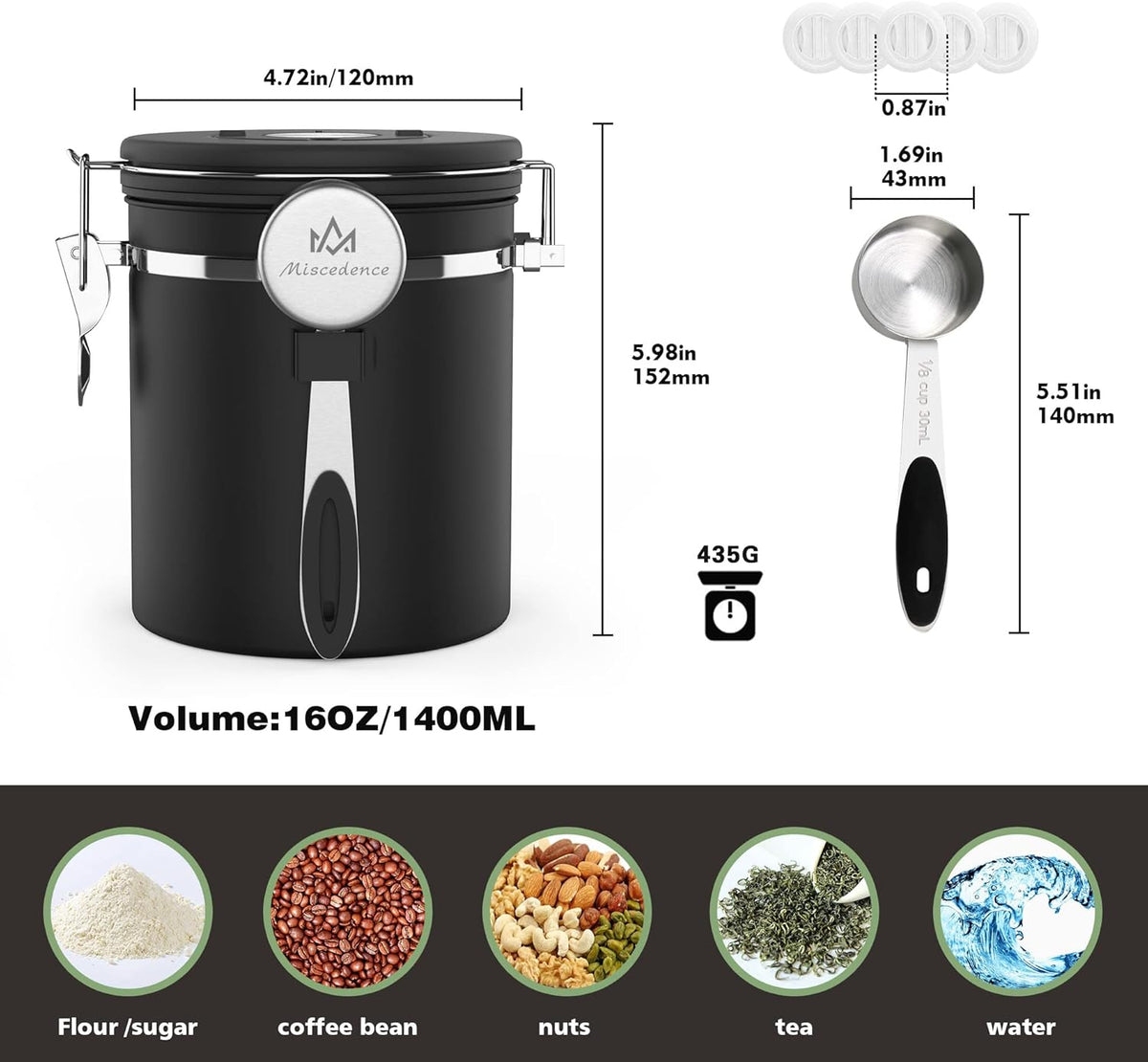 Coffee canister for ground coffee with Scoop Date Tracker One Way Co2 Valve 304 Stainless Steel