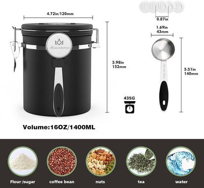 Coffee canister for ground coffee with Scoop Date Tracker One Way Co2 Valve 304 Stainless Steel