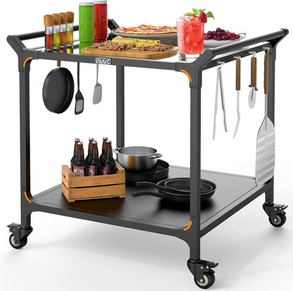NUUK Grill Cart for Outdoor 32" x 32" Stainless Steel Pizza Oven Table with Double-Shelf Rolling
