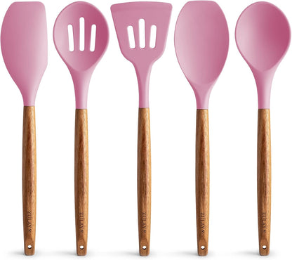 Zulay Kitchen Non-Stick Cooking Utensils Set with Authentic Acacia Wood Handles – 5-Piece Durable &