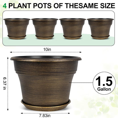 Plant Planters Pots Set of 4 Pack 10 Inch, Plastic Flower Pot for Indoor Plants with Drainage Holes