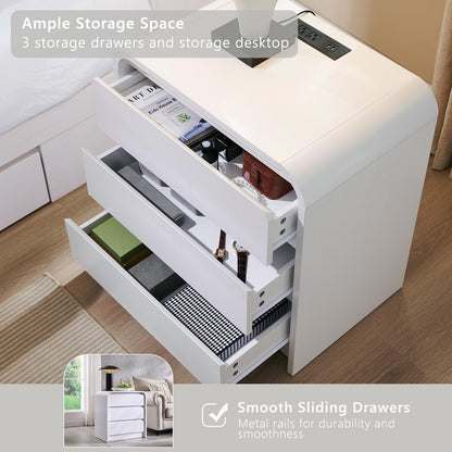 25" Tall Modern Nightstand with Charging Station, 23.6'' Wide Wood Bedside Table w/3 Storage
