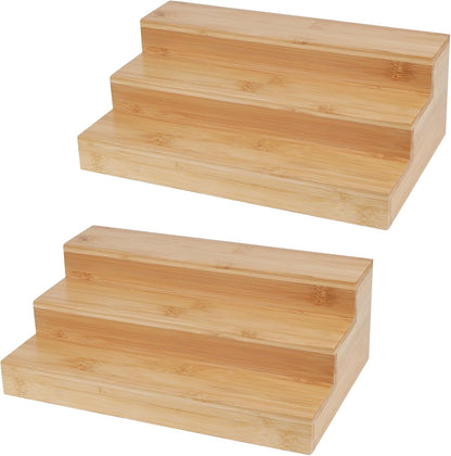 2 Pack Bamboo Spice Rack Organizer for Countertop, 3 Tier Spice Step Shelf for Cabinet (Jars Not