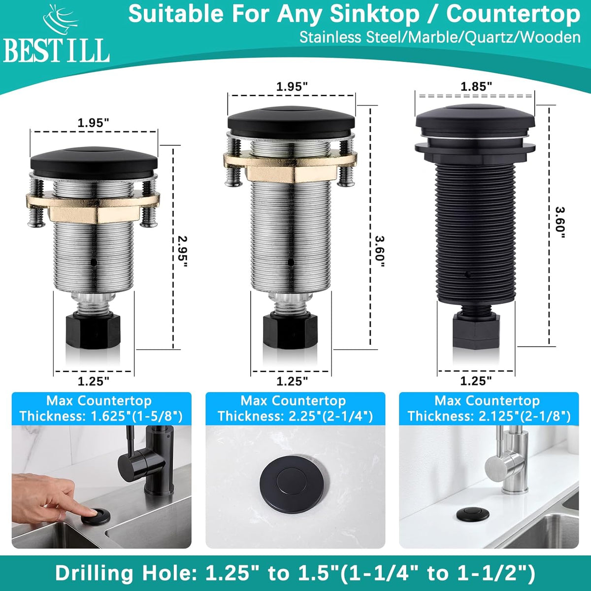 BESTILL Garbage Disposal Air Switch Kit - UL Listed, Brass 3.6" Long Push Button for Waste